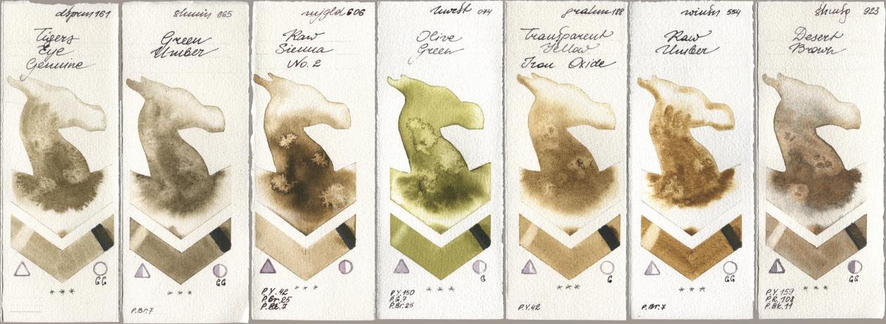 Daniel Smith 161 Tigers Eye Genuine, Shminke Horadam Aquarell 665 Green Umber, Mijello Mission Gold 606 Raw Sienna No 2, Holbein Artists Watercolor 074 Olive Green, M. Graham & Co. Artists 188 Transparent Yellow Iron Oxide, Winsor & Newton Professional 554 Raw Umber, 923 Desert Bro watercolor swatch