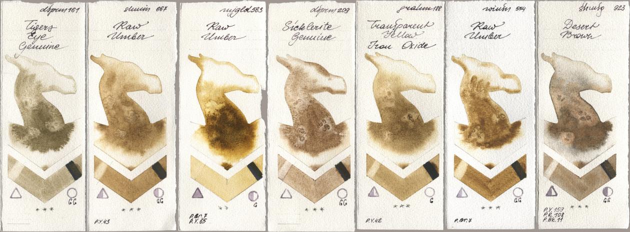 Daniel Smith 161 Tigers Eye Genuine, Shminke Horadam Aquarell 667 Raw Umber, Mijello Mission Gold 563 Raw Umber, 209 Sicklerite Genuine, M. Graham & Co. Artists 188 Transparent Yellow Iron Oxide, Winsor & Newton Professional 554 Raw Umber, 923 Desert Bro watercolor swatch