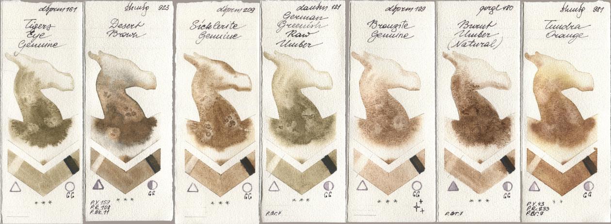 Daniel Smith 161 Tigers Eye Genuine, Shminke Horadam Aquarell 923 Desert Brown, 209 Sicklerite Genuine, 121 German Greenish Raw Umber, 199 Bronzite Genuine, Golden QOR 480 Burnt Umber (Natural), 981 Tundra Oran watercolor swatch