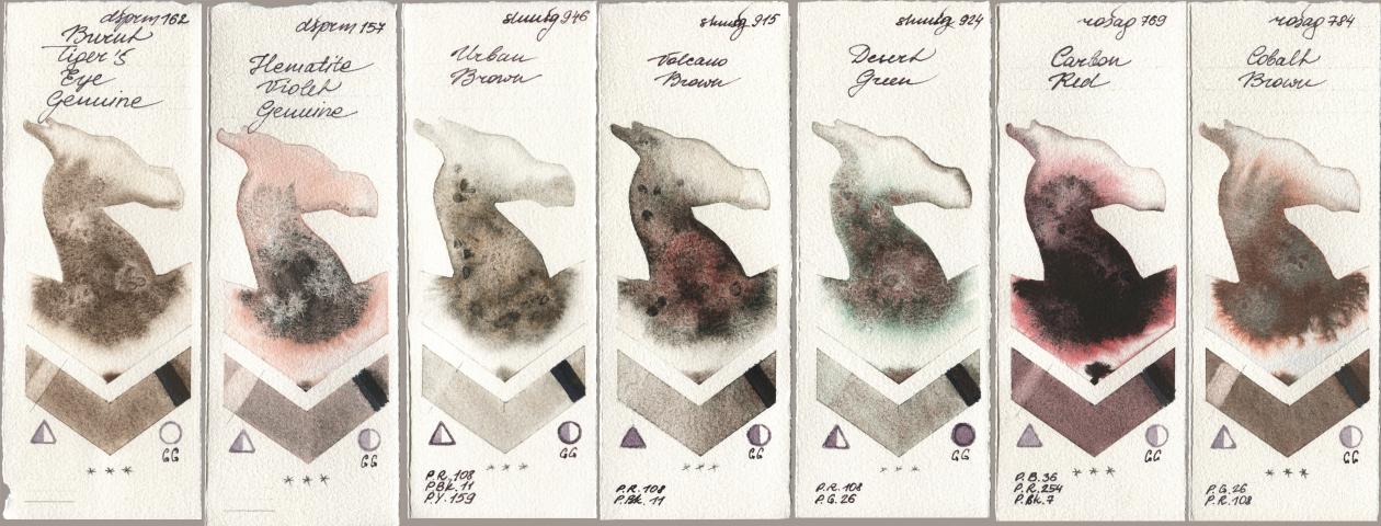 Daniel Smith 162 Burnt Tigers Eye Genuine, 157 Hematite Violet Genuine, Shminke Horadam Aquarell 946 Urban Brown, 915 Volcano Brown, 924 Desert Green, Rosa Gallery 769 Carbon Red, 784 Cobalt Bro watercolor swatch