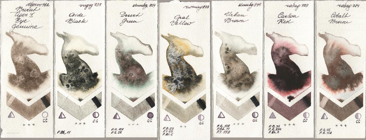 Daniel Smith 162 Burnt Tigers Eye Genuine, Royal Talens Van Gogh Watercolour 735 Oxide Black, Shminke Horadam Aquarell 924 Desert Green, Rockwell 233 Opal Yellow, 946 Urban Brown, Rosa Gallery 769 Carbon Red, 784 Cobalt Bro watercolor swatch