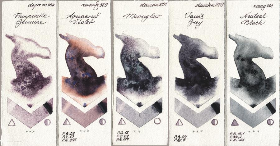 Daniel Smith 164 Purpurite Genuine vs Roman Szmal Aquarius 369 Aquarius Violet vs 057 Moonglow vs 239 Janes Grey vs Rosa Gallery 724 Neutral Black watercolor swatch