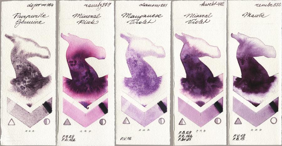 Daniel Smith 164 Purpurite Genuine vs Roman Szmal Aquarius 379 Mineral Pink vs 261 Manganese Violet vs Holbein Artists Watercolor 112 Mineral Violet vs Royal Talens Rembrandt Watercolour 532 Mauve watercolor swatch