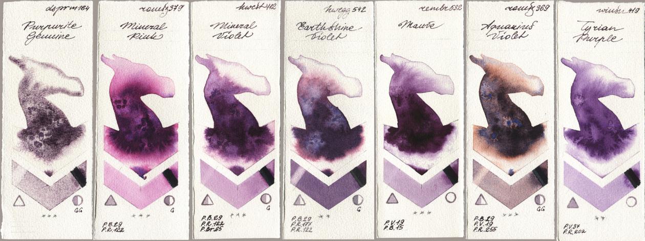 Daniel Smith 164 Purpurite Genuine, Roman Szmal Aquarius 379 Mineral Pink, Holbein Artists Watercolor 112 Mineral Violet, 542 Earthshine Violet, Royal Talens Rembrandt Watercolour 532 Mauve, 369 Aquarius Violet, Winsor & Newton Professional 419 Tyrian Purp watercolor swatch