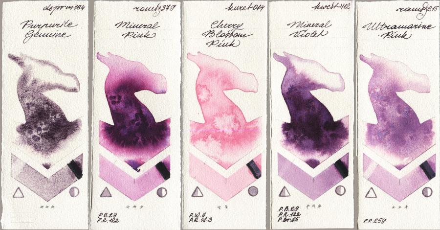 Daniel Smith 164 Purpurite Genuine vs Roman Szmal Aquarius 379 Mineral Pink vs Kuretake Gansai Tambi 014 Cherry Blossom Pink vs Holbein Artists Watercolor 112 Mineral Violet vs 215 Ultramarine Pink watercolor swatch