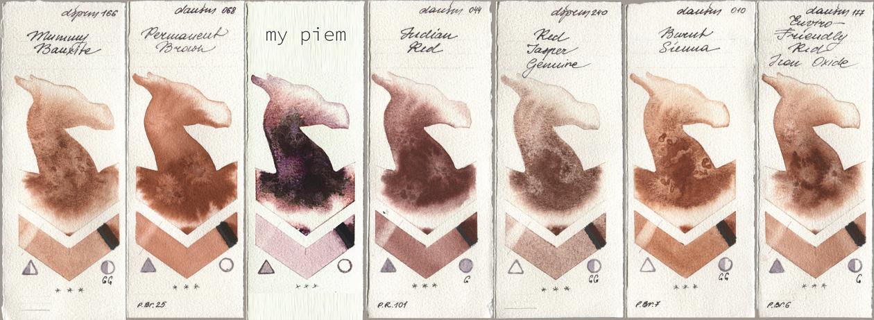 Daniel Smith 166 Mummy Bauxite, 068 Permanent Brown, my 191 piem, 044 Indian Red, 240 Red Jasper Genuine, 010 Burnt Sienna, 177 Enviro-Friendly Red Iron Oxi watercolor swatch