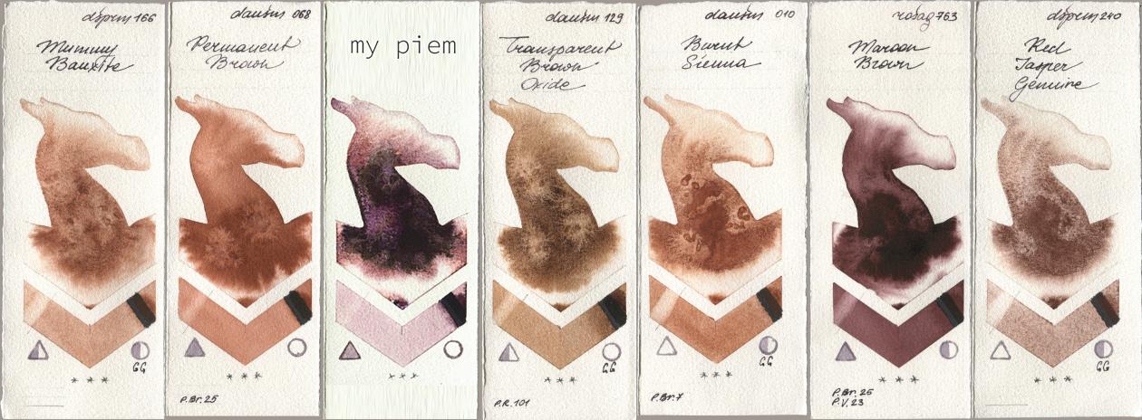 Daniel Smith 166 Mummy Bauxite, 068 Permanent Brown, my 191 piem, 129 Transparent Brown Oxide, 010 Burnt Sienna, Rosa Gallery 763 Maroon Brown, 240 Red Jasper Genui watercolor swatch