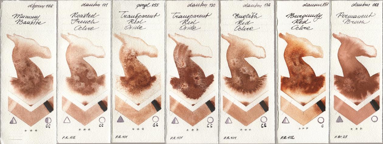 Daniel Smith 166 Mummy Bauxite, 171 Roasted French Ochre, Golden QOR 455 Transparent Red Oxide, 130 Transparent Red Oxide, 136 English Red Ochre, 151 Burgundy Red Ochre, 068 Permanent Bro watercolor swatch
