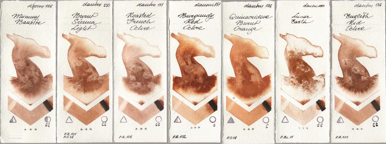 Daniel Smith 166 Mummy Bauxite, 230 Burnt Sienna Light, 171 Roasted French Ochre, 151 Burgundy Red Ochre, 086 Quinacridone Burnt Orange, 050 Lunar Earth, 136 English Red Och watercolor swatch