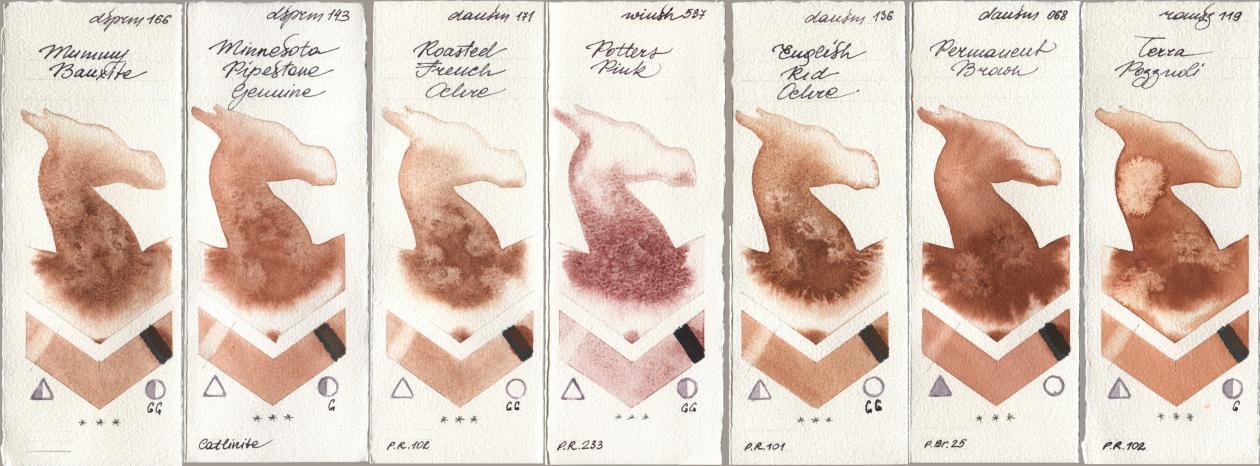 Daniel Smith 166 Mummy Bauxite, 143 Minnesota Pipestone Genuine, 171 Roasted French Ochre, Winsor & Newton Professional 537 Potters Pink, 136 English Red Ochre, 068 Permanent Brown, Roman Szmal Aquarius 119 Terra Pozzuo watercolor swatch