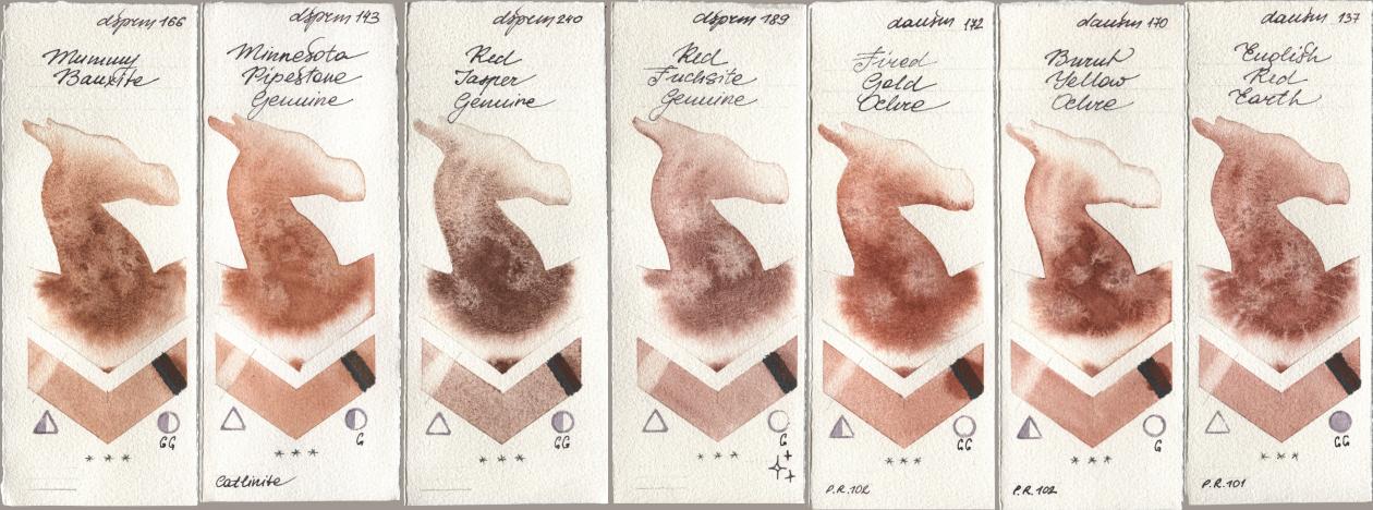 Daniel Smith 166 Mummy Bauxite, 143 Minnesota Pipestone Genuine, 240 Red Jasper Genuine, 189 Red Fuchsite Genuine, 172 Fired Gold Ochre, 170 Burnt Yellow Ochre, 137 English Red Ear watercolor swatch