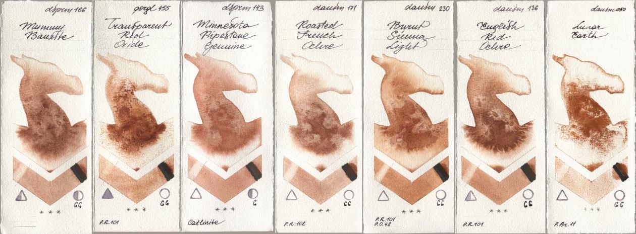 Daniel Smith 166 Mummy Bauxite, Golden QOR 455 Transparent Red Oxide, 143 Minnesota Pipestone Genuine, 171 Roasted French Ochre, 230 Burnt Sienna Light, 136 English Red Ochre, 050 Lunar Ear watercolor swatch