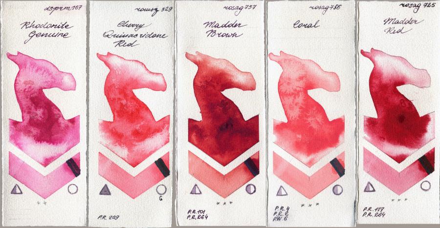 Daniel Smith 167 Rhodonite Genuine vs Roman Szmal Aquarius 329 Cherry Quinacridone Red vs Rosa Gallery 757 Madder Brown vs 756 Coral vs 725 Madder Red watercolor swatch
