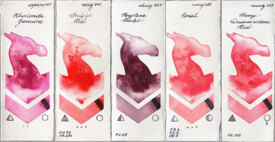 Daniel Smith 167 Rhodonite Genuine vs Rosa Gallery 740 Bright Red vs  627 Perylene Violet vs 756 Coral vs Roman Szmal Aquarius 329 Cherry Quinacridone Red watercolor swatch