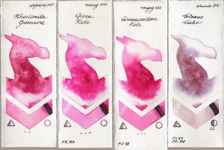 Daniel Smith 167 Rhodonite Genuine vs Rosa Gallery 744 Opera Rose vs Van Gogh Watercolour 366 Quinacridone Rose vs Shminke Horadam Aquarell 914 Volcano Violet watercolor swatch