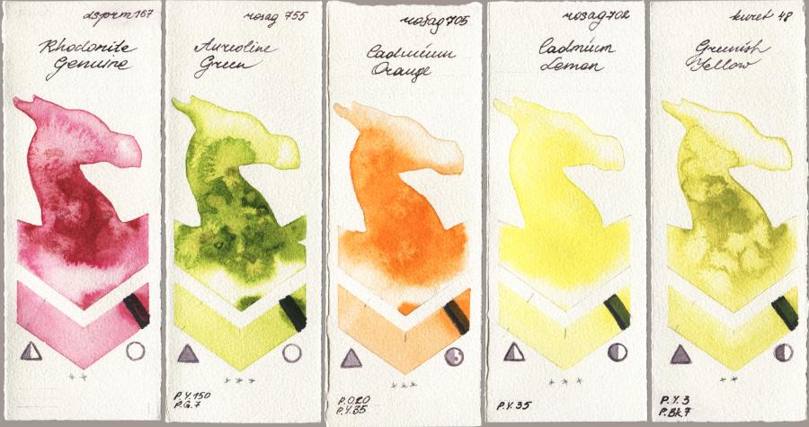 Daniel Smith 167 Rhodonite Genuine vs Rosa Gallery 755 Aureoline Green vs 705 Cadmium Orange vs 702 Cadmium Lemon vs Kuretake Gansai Tambi 048 Greenish Yellow watercolor swatch