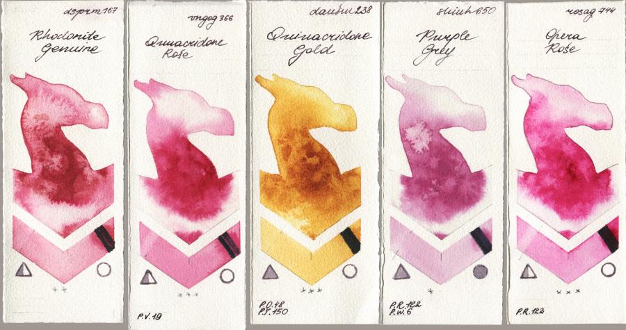 Daniel Smith 167 Rhodonite Genuine vs Royal Talens Van Gogh Watercolour 366 Quinacridone Rose vs 238 Quinacridone Gold vs Shinhan PWC 650 Purple Grey vs Rosa Gallery 744 Opera Rose watercolor swatch