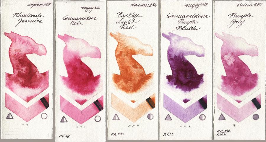 Daniel Smith 167 Rhodonite Genuine vs Royal Talens Van Gogh Watercolour 366 Quinacridone Rose vs 254 Earthy Light Red vs 593 Quinacridone Purple Bluish vs Shinhan PWC 650 Purple Grey watercolor swatch
