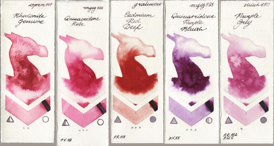 Daniel Smith 167 Rhodonite Genuine vs Royal Talens Van Gogh Watercolour 366 Quinacridone Rose vs M. Graham & Co. Artists 045 Cadmium Red Deep vs 593 Quinacridone Purple Bluish vs Shinhan PWC 650 Purple Grey watercolor swatch