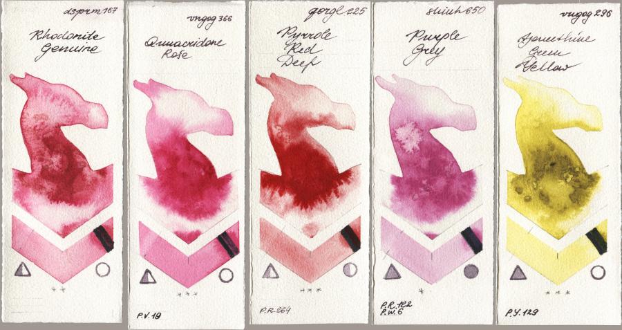 Daniel Smith 167 Rhodonite Genuine vs Royal Talens Van Gogh Watercolour 366 Quinacridone Rose vs Golden QOR 225 Pyrrole Red Deep vs Shinhan PWC 650 Purple Grey vs 296 Azomethine Green Yellow watercolor swatch