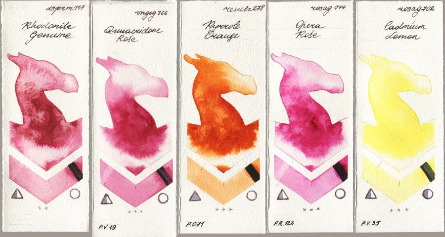 Daniel Smith 167 Rhodonite Genuine vs Royal Talens Van Gogh Watercolour 366 Quinacridone Rose vs Royal Talens Rembrandt Watercolour 278 Pyrrole Orange vs Rosa Gallery 744 Opera Rose vs 702 Cadmium Lemon watercolor swatch