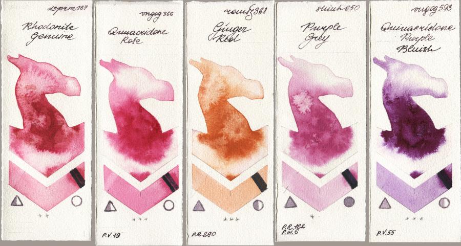 Daniel Smith 167 Rhodonite Genuine vs Royal Talens Van Gogh Watercolour 366 Quinacridone Rose vs Roman Szmal Aquarius 368 Genger Red vs Shinhan PWC 650 Purple Grey vs 593 Quinacridone Purple Bluish watercolor swatch