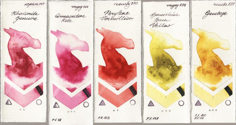 Daniel Smith 167 Rhodonite Genuine vs Royal Talens Van Gogh Watercolour 366 Quinacridone Rose vs Roman Szmal Aquarius 370 Perylene Vermillion vs 296 Azomethine Green Yellow vs Royal Talens Rembrandt Watercolour 238 Gamboge watercolor swatch