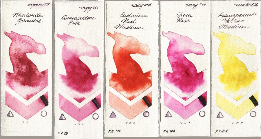 Daniel Smith 167 Rhodonite Genuine vs Royal Talens Van Gogh Watercolour 366 Quinacridone Rose vs Rosa Gallery 707 Cadmium Red Medium vs 744 Opera Rose vs Royal Talens Rembrandt Watercolour 272 Transparent Yellow Medium watercolor swatch
