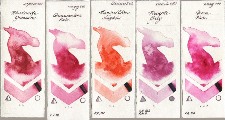 Daniel Smith 167 Rhodonite Genuine vs Royal Talens Van Gogh Watercolour 366 Quinacridone Rose vs Shminke Horadam Aquarell 342 Vermilion Light vs Shinhan PWC 650 Purple Grey vs Rosa Gallery 744 Opera Rose watercolor swatch