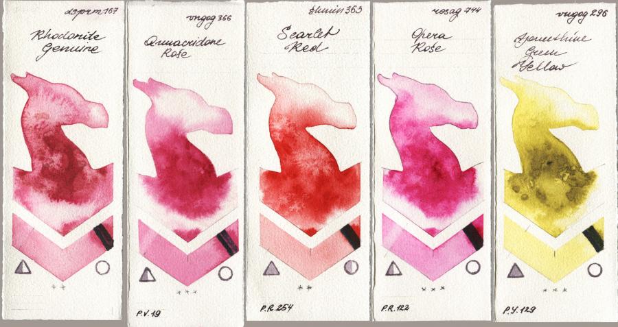 Daniel Smith 167 Rhodonite Genuine vs Royal Talens Van Gogh Watercolour 366 Quinacridone Rose vs Shminke Horadam Aquarell 363 Scarlet Red vs Rosa Gallery 744 Opera Rose vs 296 Azomethine Green Yellow watercolor swatch
