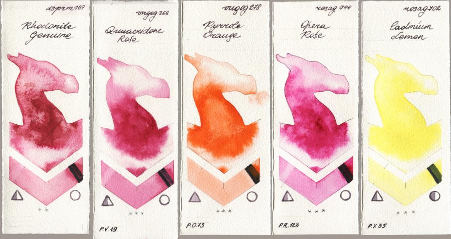 Daniel Smith 167 Rhodonite Genuine vs Royal Talens Van Gogh Watercolour 366 Quinacridone Rose vs 278 Pyrrole Orange vs Rosa Gallery 744 Opera Rose vs 702 Cadmium Lemon watercolor swatch