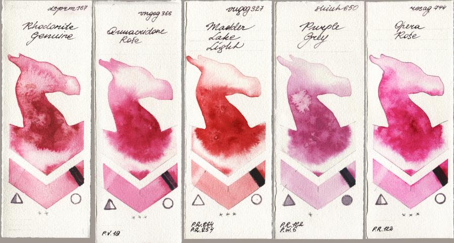 Daniel Smith 167 Rhodonite Genuine vs Royal Talens Van Gogh Watercolour 366 Quinacridone Rose vs 327 Madder Lake Light vs Shinhan PWC 650 Purple Grey vs Rosa Gallery 744 Opera Rose watercolor swatch