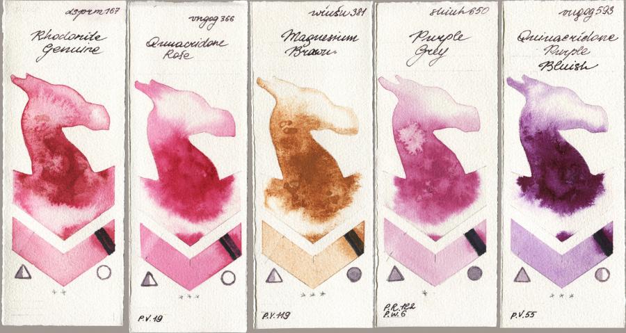 Daniel Smith 167 Rhodonite Genuine vs Royal Talens Van Gogh Watercolour 366 Quinacridone Rose vs Winsor & Newton Professional 381 Magnesuim Brown vs Shinhan PWC 650 Purple Grey vs 593 Quinacridone Purple Bluish watercolor swatch