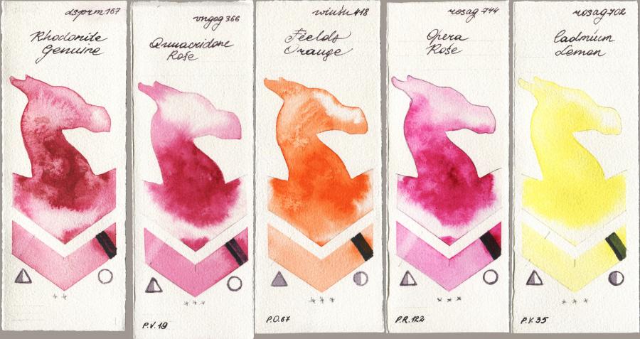 Daniel Smith 167 Rhodonite Genuine vs Royal Talens Van Gogh Watercolour 366 Quinacridone Rose vs Winsor & Newton Professional 418 Fields Orange vs Rosa Gallery 744 Opera Rose vs 702 Cadmium Lemon watercolor swatch