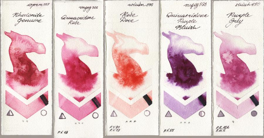 Daniel Smith 167 Rhodonite Genuine vs Royal Talens Van Gogh Watercolour 366 Quinacridone Rose vs Winsor & Newton Professional 576 Rose Dore vs 593 Quinacridone Purple Bluish vs Shinhan PWC 650 Purple Grey watercolor swatch