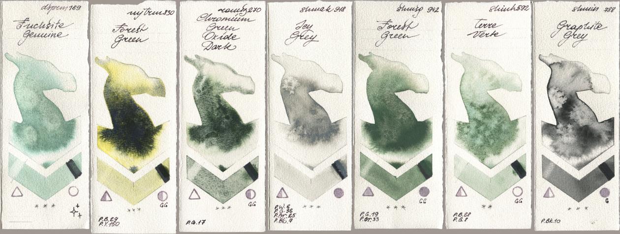 Daniel Smith 169 Fuchsite Genuine, Mijello Mission Gold 830 Forest Green, Roman Szmal Aquarius 270 Chromium Green Oxide Dark, Shminke Akademie Aquarell 918 Icy Grey, Shminke Horadam Aquarell 942 Forest Green, Shinhan PWC 592 Terre Verte, 788 Graphite Gr watercolor swatch