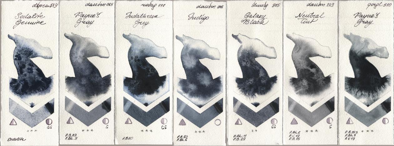 Daniel Smith 179 Sodalite Genuine, 065 Paynes Gray, Rosa Gallery 778 Indanthrene Grey, 046 Indigo, Shminke Horadam Aquarell 975 Galaxy Black, 229 Neutral Tint, Golden QOR 510 Paynes Gr watercolor swatch