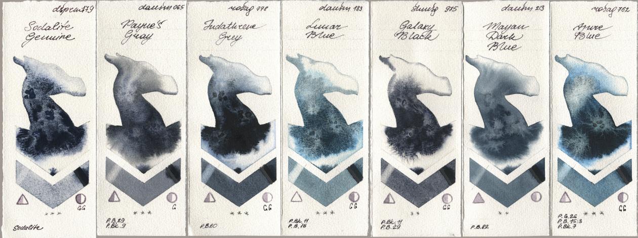Daniel Smith 179 Sodalite Genuine, 065 Paynes Gray, Rosa Gallery 778 Indanthrene Grey, 183 Lunar Blue, Shminke Horadam Aquarell 975 Galaxy Black, 213 Mayan Dark Blue, 762 Azure Bl watercolor swatch