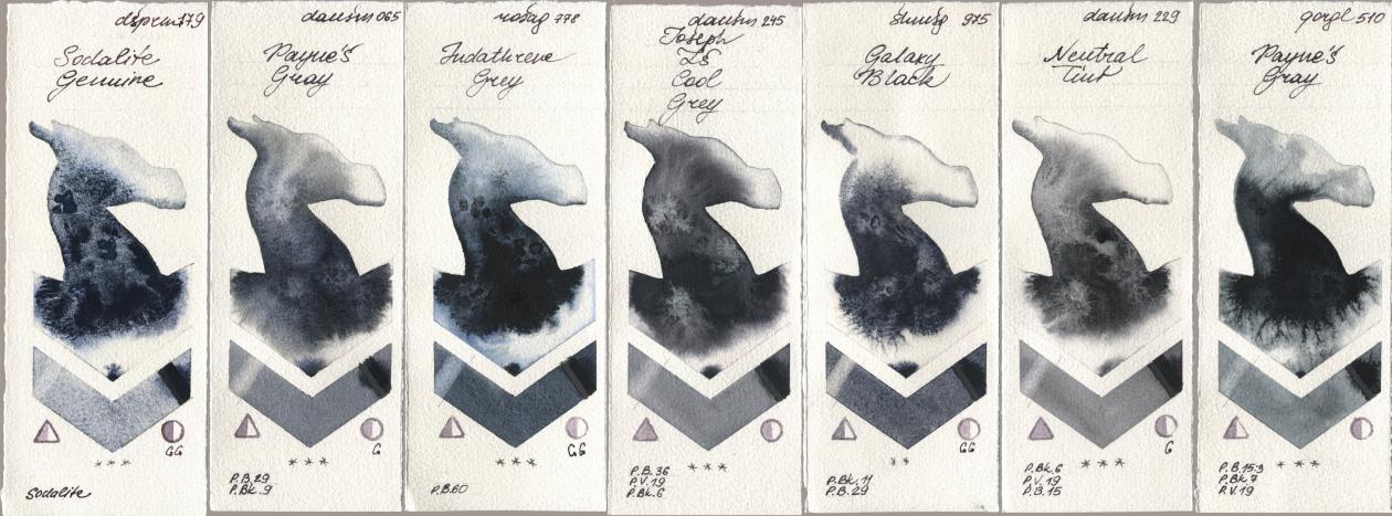 Daniel Smith 179 Sodalite Genuine, 065 Paynes Gray, Rosa Gallery 778 Indanthrene Grey, 245 Joseph Zs Cool Grey, Shminke Horadam Aquarell 975 Galaxy Black, 229 Neutral Tint, Golden QOR 510 Paynes Gr watercolor swatch