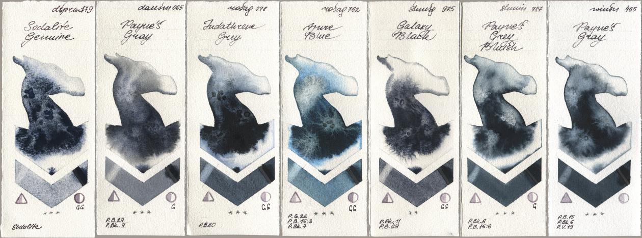 Daniel Smith 179 Sodalite Genuine, 065 Paynes Gray, Rosa Gallery 778 Indanthrene Grey, 762 Azure Blue, Shminke Horadam Aquarell 975 Galaxy Black, 787 Paynes Grey Bluish, Winsor & Newton Professional 465 Paynes Gr watercolor swatch
