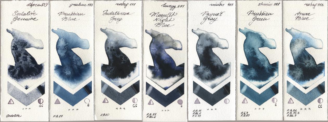 Daniel Smith 179 Sodalite Genuine, M. Graham & Co. Artists 153 Prussian Blue, Rosa Gallery 778 Indanthrene Grey, Holbein Artists Watercolor 571 Moonlit Night Blue, Winsor & Newton Professional 465 Paynes Gray, Shminke Horadam Aquarell 528 Prussian Green, 762 Azure Bl watercolor swatch