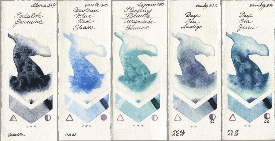 Daniel Smith 179 Sodalite Genuine vs Sennelier l Aquarelle 305 Cerulean Blue Red Shade vs 150 Sleeping Beauty Turquoise Genuine vs Shminke Horadam Aquarell 952 Deep Sea Indigo vs 954 Deep Sea Green watercolor swatch