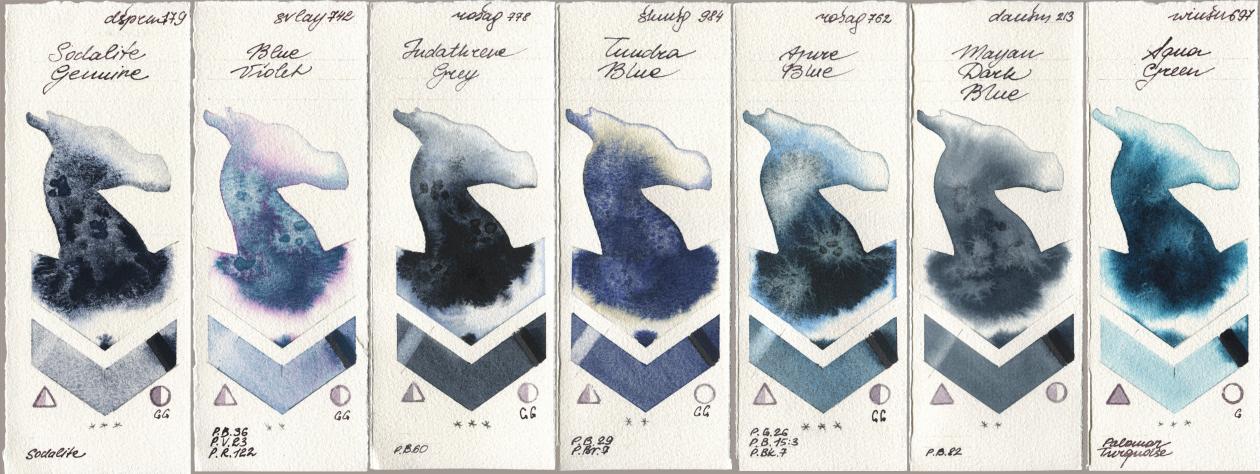 Daniel Smith 179 Sodalite Genuine, SuperVision 742 Blue Violet, Rosa Gallery 778 Indanthrene Grey, Shminke Horadam Aquarell 984 Tundra Blue, 762 Azure Blue, 213 Mayan Dark Blue, Winsor & Newton Professional 697 Aqua Gre watercolor swatch