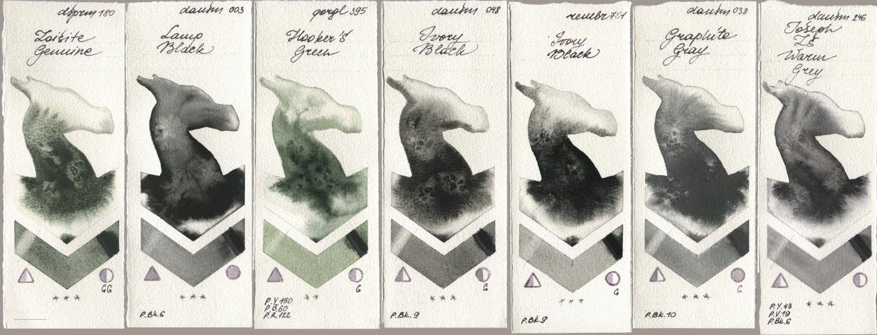 Daniel Smith 180 Zoisite Genuine, 003 Lamp Black, Golden QOR 395 Hookers Green, 048 Ivory Black, Royal Talens Rembrandt Watercolour 701 Ivory Black, 038 Graphite Gray, 246 Joseph Zs Warm Gr watercolor swatch