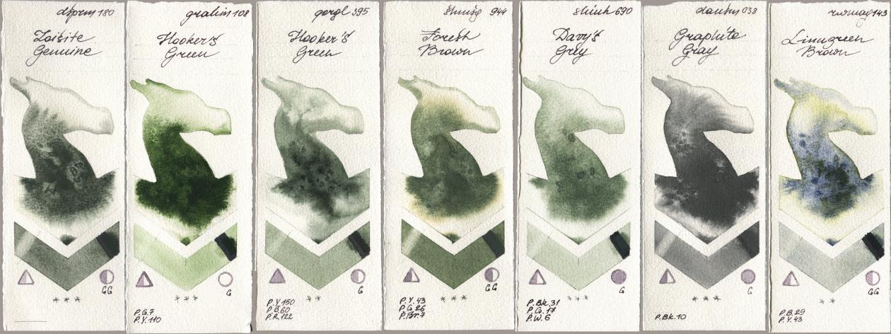 Daniel Smith 180 Zoisite Genuine, M. Graham & Co. Artists 108 Hookers Green, Golden QOR 395 Hookers Green, Shminke Horadam Aquarell 944 Forest Brown, Shinhan PWC 690 Davys Grey, 038 Graphite Gray, Rockwell 143 Limugreen Bro watercolor swatch