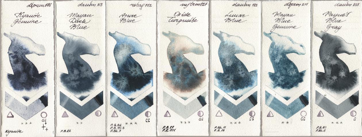 Daniel Smith 186 Kyanite Genuine, 213 Mayan Dark Blue, Rosa Gallery 762 Azure Blue, Mijello Mission Gold 827 Oxide Turquoise, 183 Lunar Blue, 211 Mayan Blue Genuine, 235 Paynes Blue Gr watercolor swatch