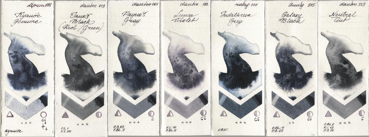 Daniel Smith 186 Kyanite Genuine, 249 Janes Black (Red/Green), 065 Paynes Gray, 182 Lunar Violet, Rosa Gallery 778 Indanthrene Grey, Shminke Horadam Aquarell 975 Galaxy Black, 229 Neutral Ti watercolor swatch