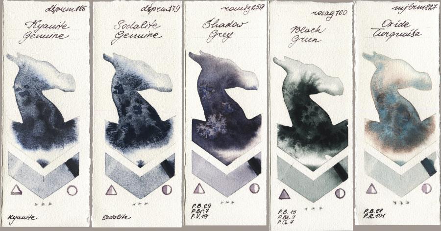 Daniel Smith 186 Kyanite Genuine vs 179 Sodalite Genuine vs Roman Szmal Aquarius 259 Shadow Grey vs Rosa Gallery 760 Black Green vs Mijello Mission Gold 827 Oxide Turquoise watercolor swatch