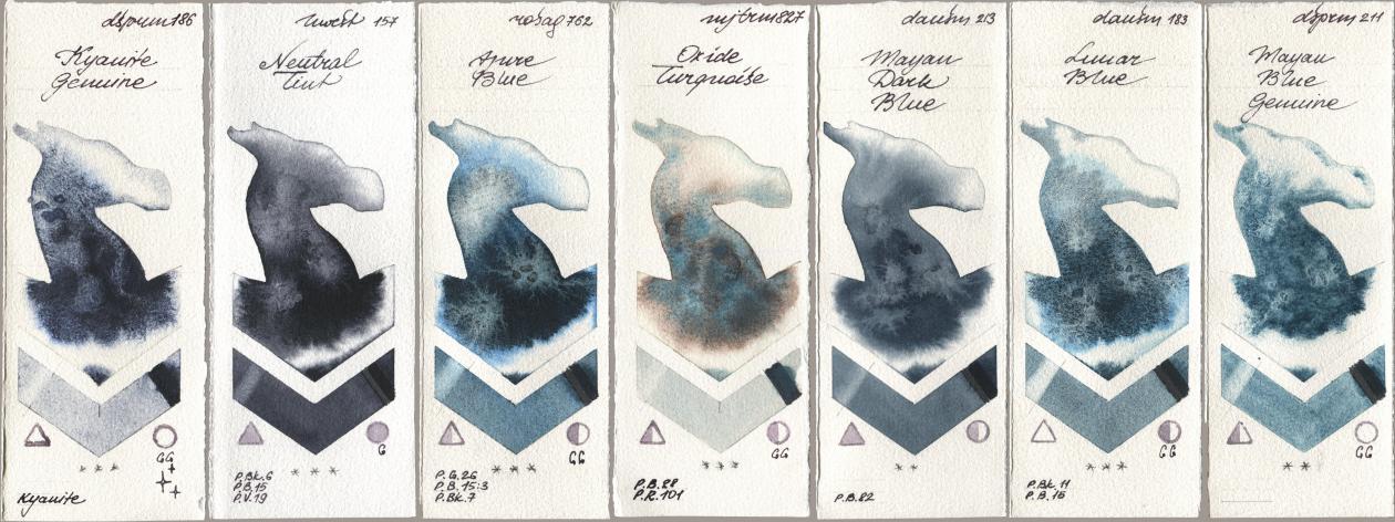 Daniel Smith 186 Kyanite Genuine, Holbein Artists Watercolor 157 Neutral Tint, Rosa Gallery 762 Azure Blue, Mijello Mission Gold 827 Oxide Turquoise, 213 Mayan Dark Blue, 183 Lunar Blue, 211 Mayan Blue Genui watercolor swatch