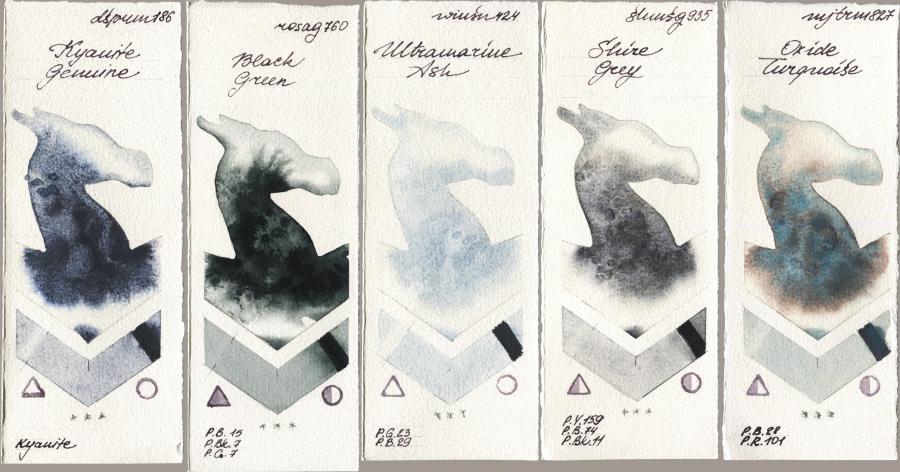 Daniel Smith 186 Kyanite Genuine vs Rosa Gallery 760 Black Green vs Winsor & Newton Professional 424 Ultramarine Ash vs Shminke Horadam Aquarell 935 Shire Grey vs Mijello Mission Gold 827 Oxide Turquoise watercolor swatch